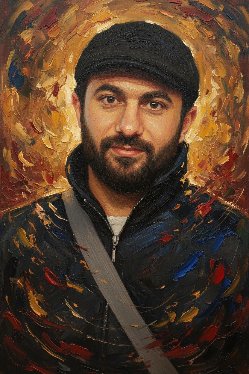 a painting me, in the style of brushstroke-intensive portraits, cinematic elegance, golden light, flowing brushwork, multilayered realism, man themes --chaos 75 --ar 1:2 --profile rsy6uq9 --stylize 750