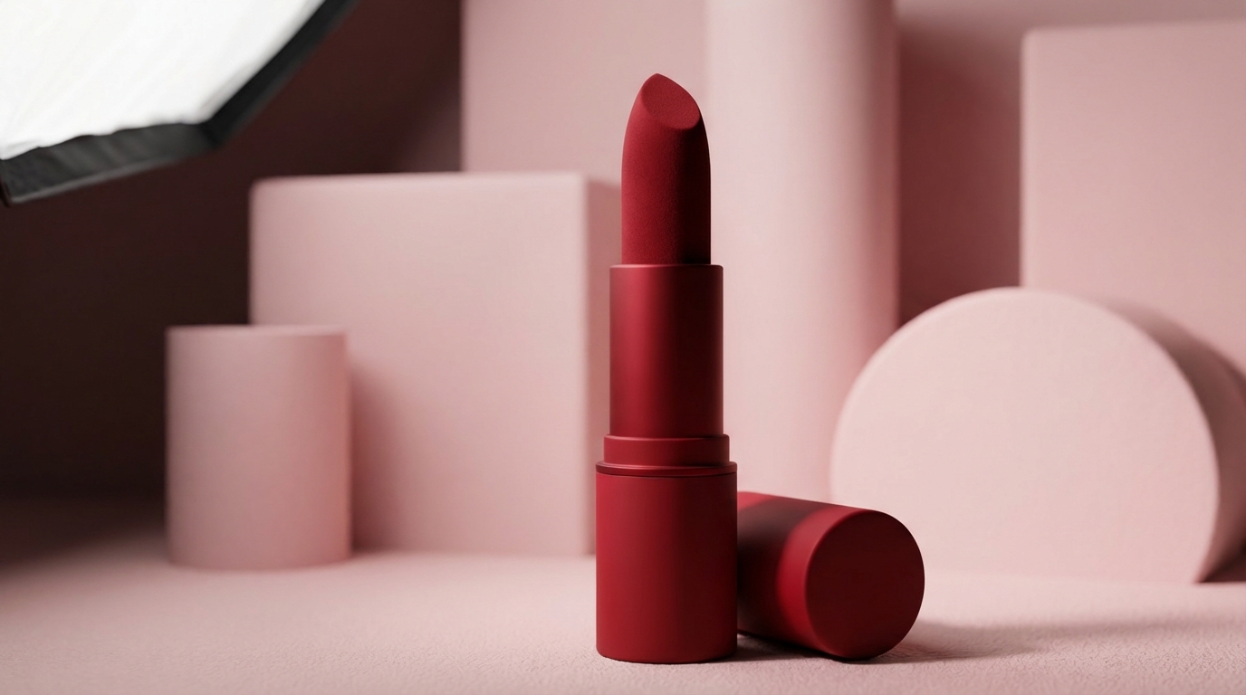 Subject: A matte red lipstick tube standing upright, with the cap off next to it. Lighting: Softbox lighting from the top left, creating smooth gradients on the matte surface, deep soft shadows. Background: Monochrome pastel pink geometric shapes, abstract minimalist composition. Texture: Velvety texture of the lipstick bullet, visible micro-powder finish.