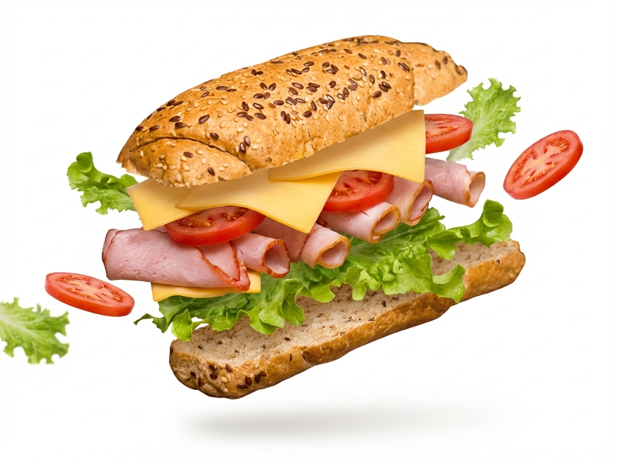 Subject: A creative product shot of [Product Name] floating in the air. Props: Ingredients like [Ingredient A] and suspended around the product dynamically. Background: Solid white background. Lighting: High-key lighting, bright and airy feel.