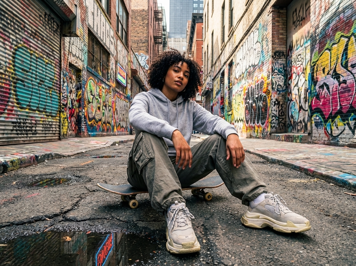 Subject: A trendy Gen-Z fashion model wearing the hoodie from the reference image. Pose: Sitting on a skateboard, leaning forward, looking confidently at the camera. Location: Graffiti-covered alleyway in New York, urban gritty atmosphere. Style: Hypebeast fashion photography, wide angle lens, vibrant colors.