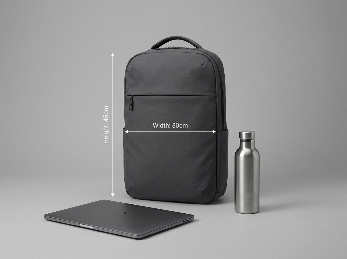 Subject: A visual size chart showing a backpack next to a 13-inch laptop and a water bottle for scale. Graphics: Dimension lines indicating "Height: 45cm", "Width: 30cm". Style: Clean studio photo, minimalist infographic overlay. Background: Neutral grey.